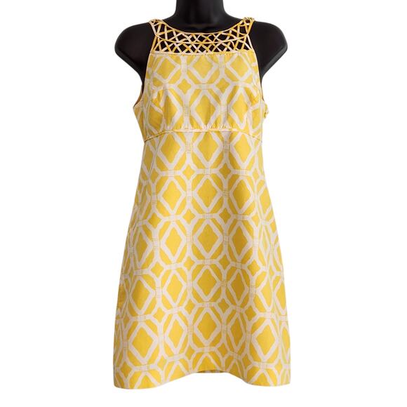 Lilly Pulitzer shift dress yellow & white bamboo print lattice neckline size 2 - Picture 1 of 10